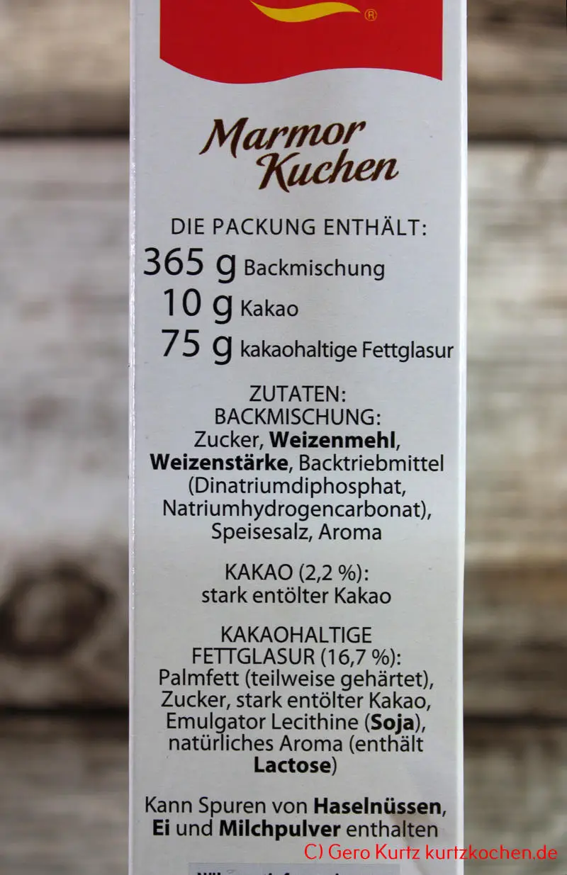 Backmischung Marmor Kuchen von Kathi - Zutatenliste