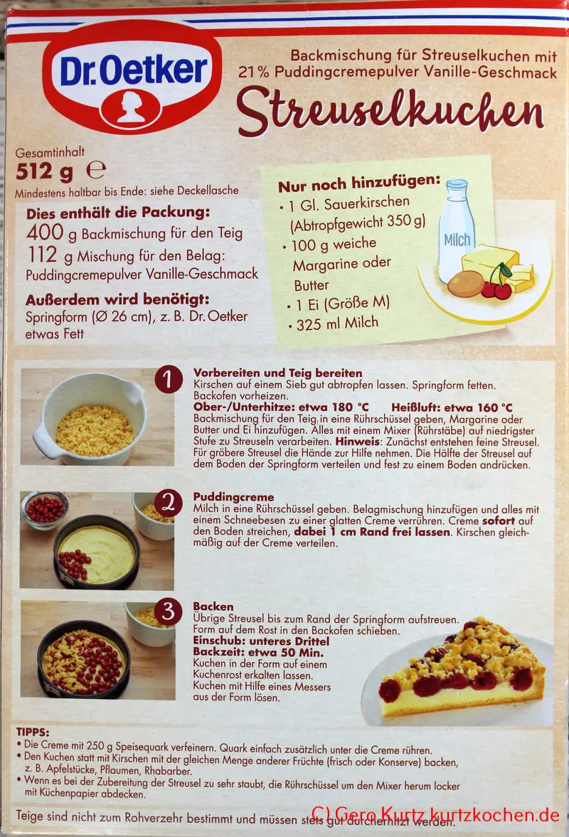 Streuselkuchen mit Pudding-Creme von Dr. Oetker- Rückseite der Backmischung