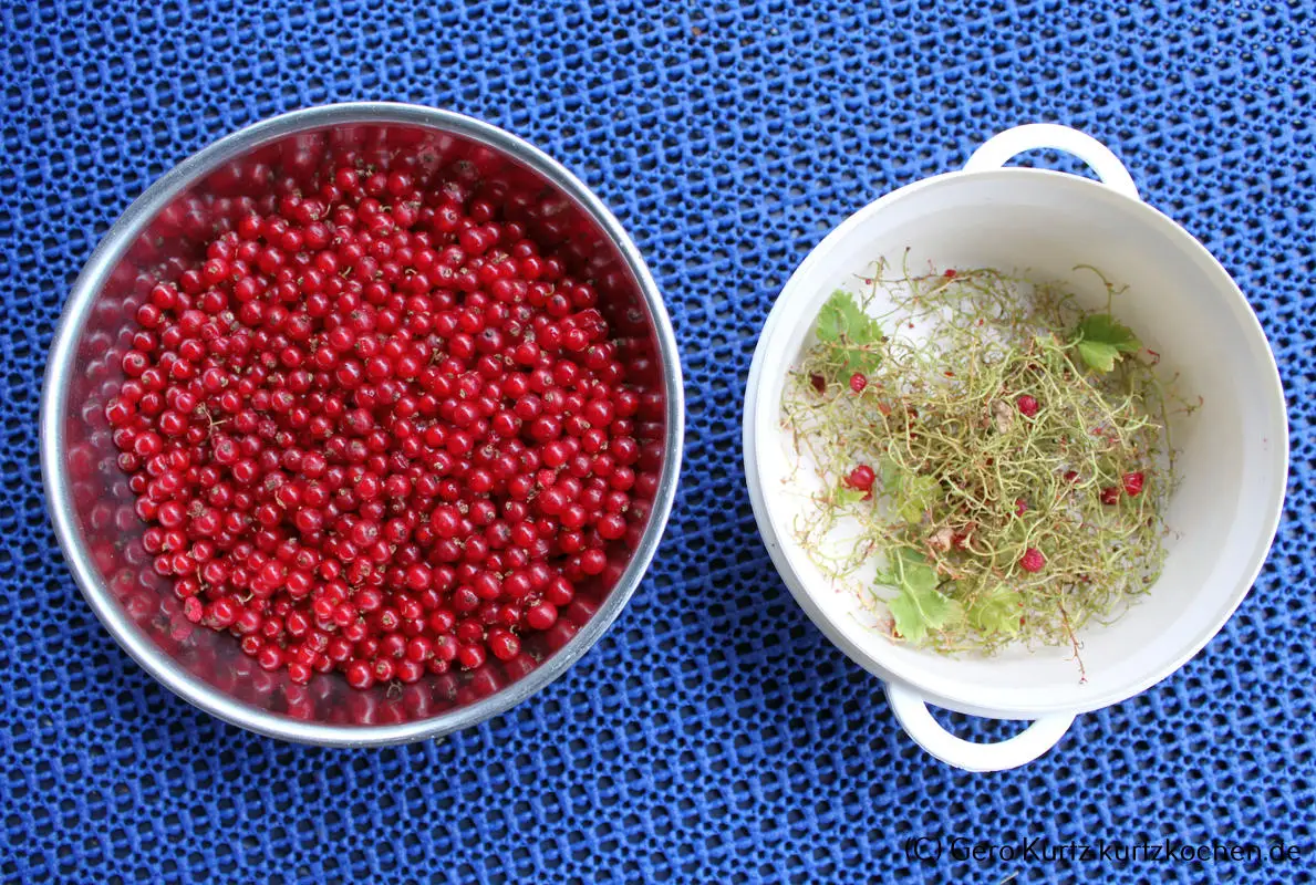Rezept Johannisbeergelee - zwei Schalen eine mit Johannisbeeren und eine mit Abfall