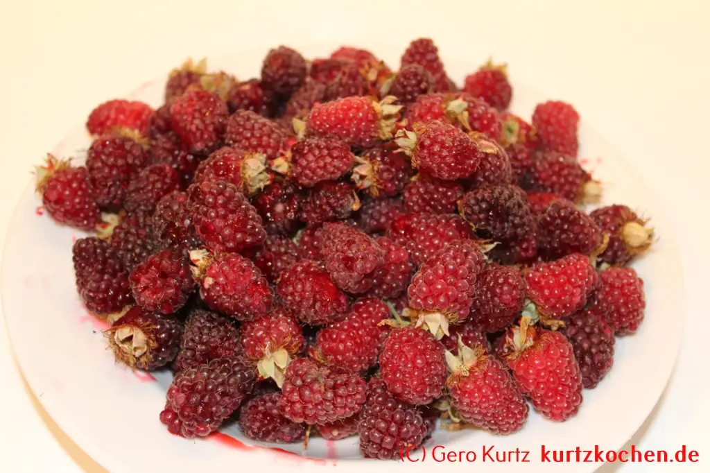 Taybeeren Tayberry Marmelade Gelee - gesammelte Taybeeren auf einem Teller