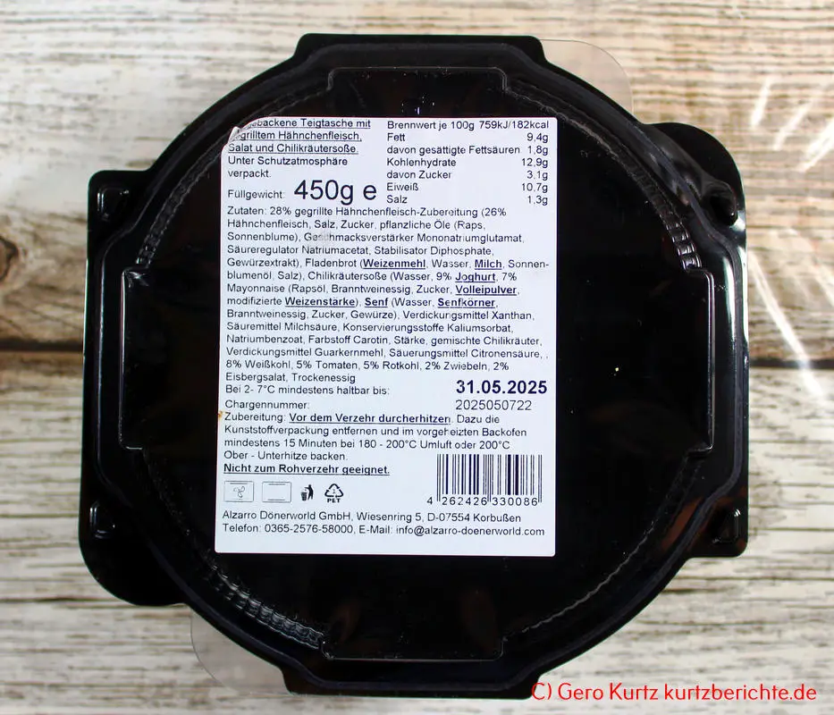 Alzarro Aufbackdoener - Unterseite der Verpackung