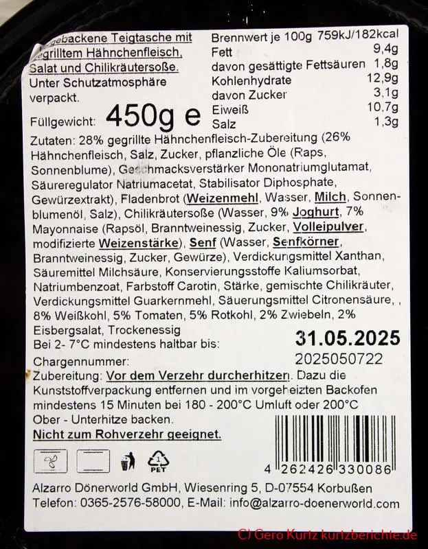 Alzarro Aufbackdoener - Etikett mit Inhaltsangaben und Zubereitungshinweise